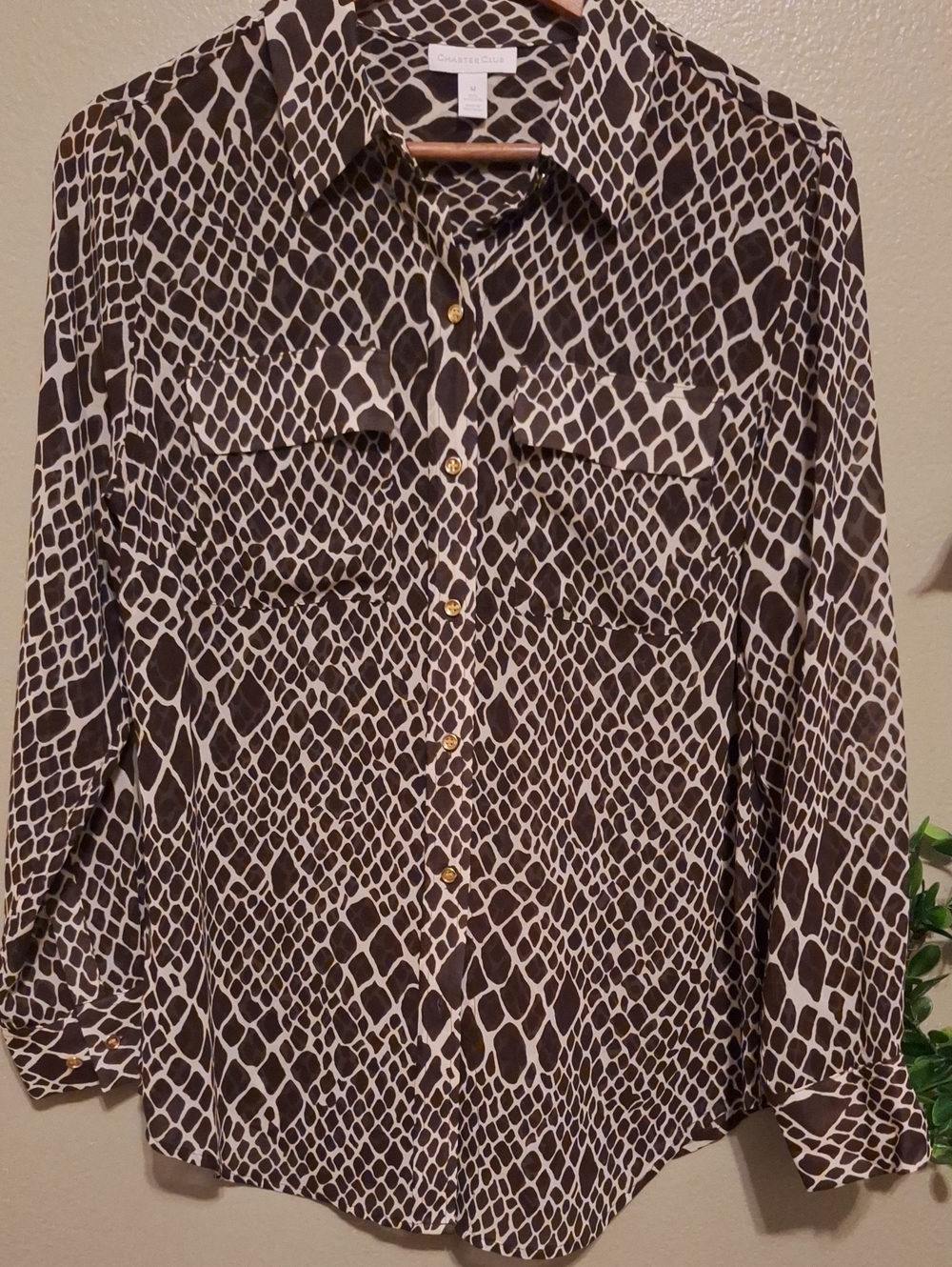 Charter Club Animal-Print Button-Up Blouse in Brown and Cream